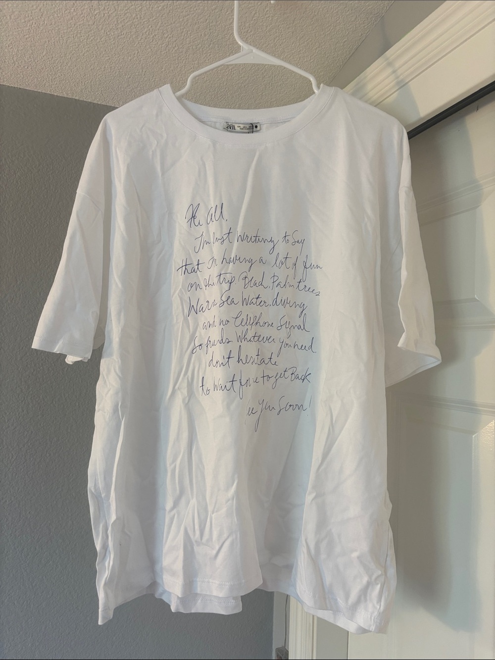 Zara White Short Sleeve Tee with Blue Script Graphic